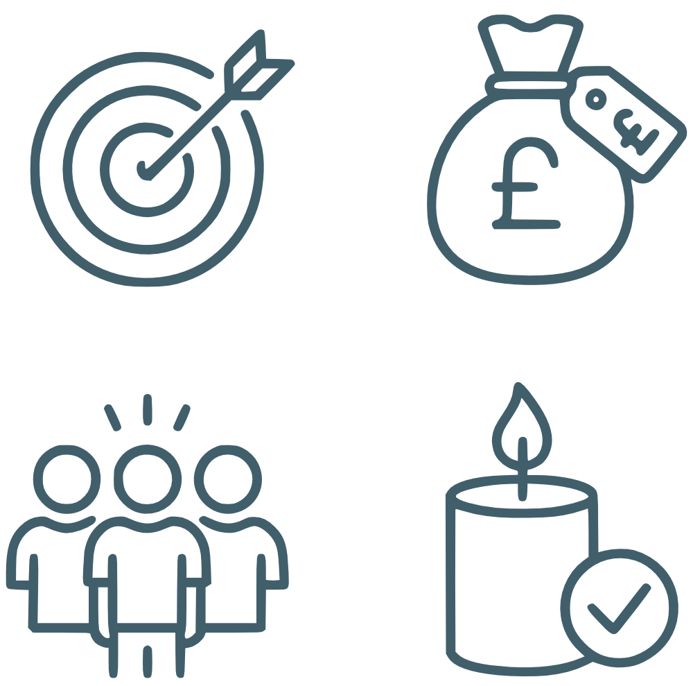 a target, bag with money, a group of people and a candle