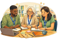 Small charity team planning no-budget fundraising ideas