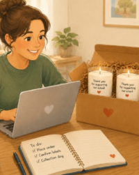 Parent managing a simple school candle fundraiser from home