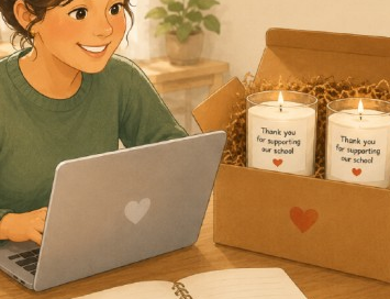 Parent managing a simple school candle fundraiser from home